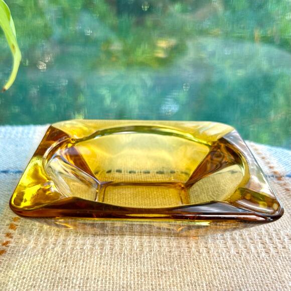 Vintage Amber Cut Glass Ashtray – 4.75” Square Mid-Century Modern - Picture 3 of 14